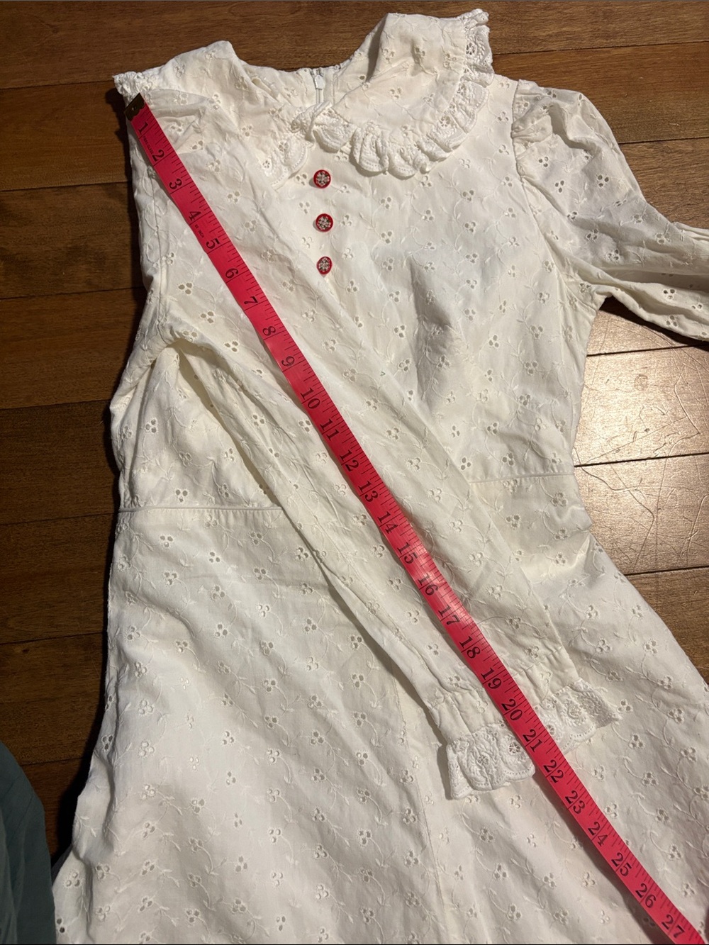 Vintage White Eyelet Maxi Dress with Red Floral Buttons and Ruffle Collar - Picture 7 of 13